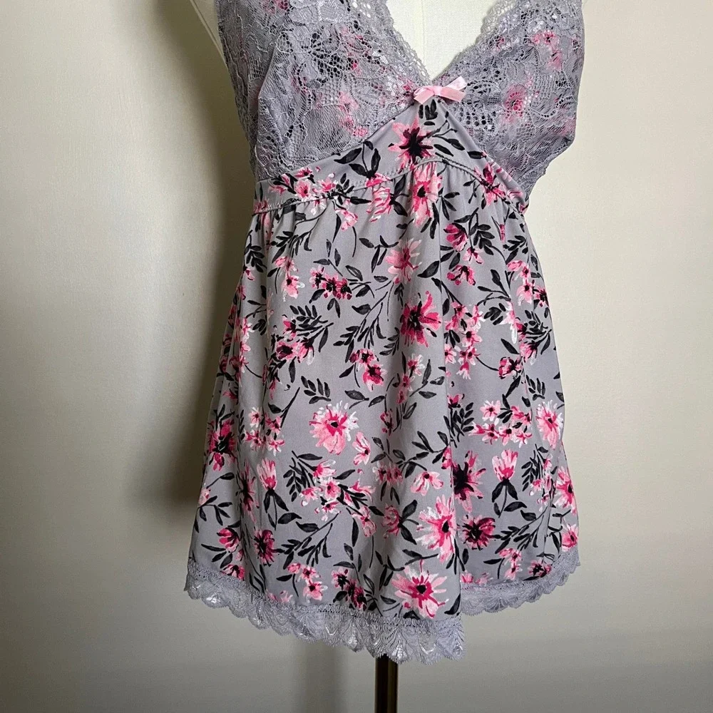 Marilyn Monroe Floral Lace Chemise Nightgown Grey Pink XL MM1598 - Picture 3 of 7